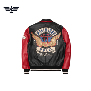 Veste en cuir pour homme Pelle, style varsity streetwear, noir et rouge, patchwork, design brodé, fermeture éclair, col montant, dégradé de couleurs - Product Image 3