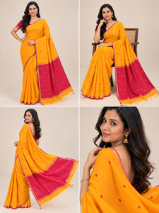 Sari en soie brodé jaune et rose LoomIndia avec bordure Zari, robe traditionnelle indienne pour femme, matériaux recyclés, longueur ras du sol - Product Image 4