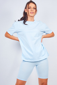Ensemble de survêtement décontracté pour femme, bleu clair, à manches courtes, col rond, couleur unie, respirant, pour l'été, en coton et élasthanne - Product Image 2