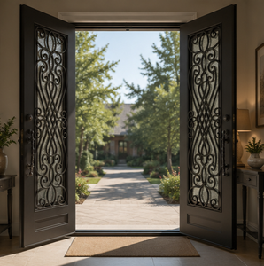 Porte d'entrée double moderne en fer forgé avec verre dépoli, décorations en volutes, design de luxe, porte d'entrée sécurisée - Product Image 3