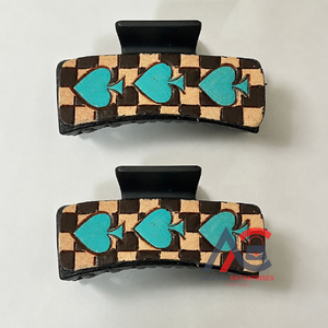 Pinza de Pelo de Cuero con Diseño de Corazón a Cuadros, Estilo Vaquero, con Turquesa, Accesorio de Moda para Mujer - Product Image 1