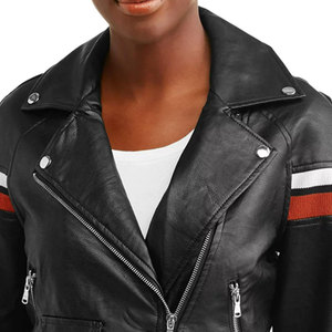 Women's Genuine Leather Moto Jacket With Contrast Stripes Full Sleeve Stand Collar <b>Zipper</b> Closure Autumn Style Cheap Selling - Product Image 4