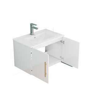 Meuble-lavabo mural blanc brillant de 30 pouces avec doubles portes à fermeture douce, crochets et longues poignées métalliques dorées pour une installation facile - Product Image 5