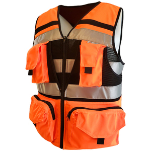 Gilet de sécurité orange haute visibilité avec bandes réfléchissantes et plusieurs poches, fermeture éclair sur le devant, vêtements de travail unisexes - Product Image 1
