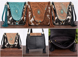 Bolsos de Hombro y Cruzados de Cuero Tallado a Mano al por Mayor, con Flecos, de Piel de Vaca, Estilo Bohemio, Vintage, Hechos a Mano - Product Image 3