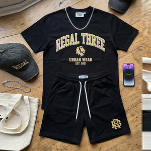 Ensemble T-shirt et short en coton blanc pour homme Regal Three, col rond, cordon de serrage, tenue décontractée d'été, ensemble de shorts de couleur unie - Product Image 3