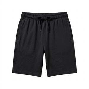 Shorts en jersey de coton noir pour homme avec cordon de serrage à la taille, décontractés, respirants, longueur Bermuda, couleur unie, tissu tricoté - Product Image 2
