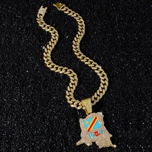 Colliers pendentifs drapeau RDC Iced Out en alliage plaqué or avec chaîne cubaine en cristal, bijoux Hip Hop Bling R.D.C. avec inscription « R.D.C » - Product Image 4