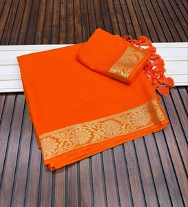 Sari de Georgette Étnico de Diseño con Borde de Tejido Jari de Alta Calidad y Pallu Decorativo - Product Image 1