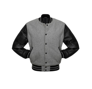 Premium <b>Grey</b> Wool and Genuine Black Leather Sleeve Varsity <b>Jacket</b> Custom Men's Letterman Bomber <b>Jacket</b> - Product Image 3