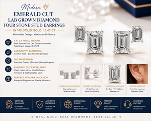 Boucles d'oreilles modernes en or massif 14 carats avec diamants de laboratoire taille émeraude |   Conception horizontale à quatre pierres de 1,47 CT - Product Image 1