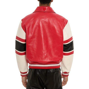 Avirex Men's Red PU <b>Leather</b> Varsity <b>Jacket</b> with Black and White Striped Sleeves Turn-down Collar Button Closure Casual Autumn - Product Image 4
