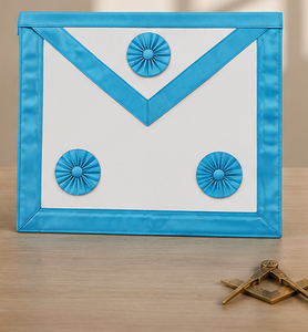 French Rite 3 Rosettes <b>Apron</b> Premium Handmade Masonic Regalia <b>White</b> Lambskin Sky Blue Moire Ribbon Gold Embroidery OEM ODM - Product Image 3