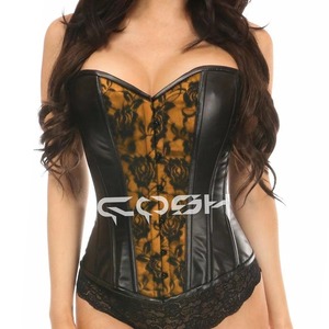 Fabricant de corsets de mariage en cuir noir avec panneau avant en satin rouge et superposition de dentelle - Product Image 5