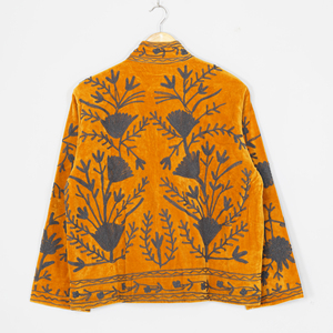 Women Velvet Embroidered <b>Jacket</b> Mandarin Collar Lantern Sleeve Floral Boho Style Autumn Coat Handmade Suzani <b>Pattern</b> - Product Image 4