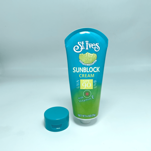 Tube en plastique PE bleu de haute qualité, impression offset 8 couleurs, bouchon à vis bleu pour emballage cosmétique, extrémité incurvée, fermeture en arc - Product Image 1