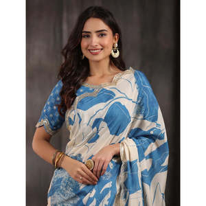 Sari Azul Tejido de Diseño Moderno para Fiestas con Hermoso Estampado Floral Digital - Product Image 4