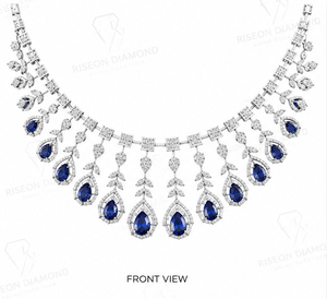 Exquisite <b>necklace</b> in 18K white gold with cascading pear sapphire stones floral diamond arrangement royal couture luxury design - Product Image 2