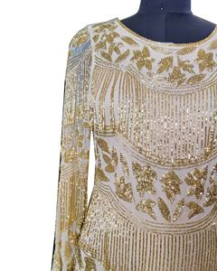 Vestido de cóctel dorado brillante bordado a mano, con flecos - Product Image 2