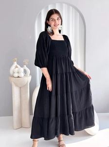 Robe longue décontractée à col carré et manches mi-longues pour femme, motif floral, personnalisable, en coton et lin, coupe ample, pour l'été - Product Image 3