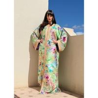 Caftán Largo Tradicional de Seda para Invierno/Verano, Estampado con Motivos Florales Multicolores, Forro Lavanda, Escote en V