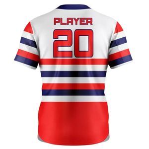 Maillot de baseball blanc et rouge avec accents bleu marine, manches courtes, motif rayé, idéal pour l'entraînement en équipe et les vêtements de sport - Product Image 2