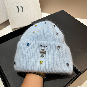 Distressed Knit <b>Winter</b> Earflap Hat with 3D Embroidery Rhinestone Beaded Rabbit Hair Blended Beanie for Women Travel - Product Image 5