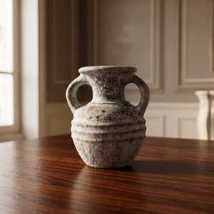 Vase Amphore Gris Effet Pierre Style Wabi-Sabi Primitif avec Deux Poignées et Urne Rainurée pour Décoration Intérieure - Product Image 3