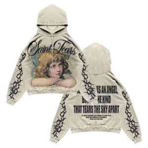 Sweat à capuche zippé court et ample pour homme en coton délavé avec motif graphique en strass, style streetwear personnalisé - Product Image 2