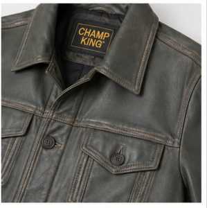 Blouson Moto en Cuir Original Homme Bleu et Marron Col Montant Fermeture Éclair Coupe Slim Manches Classiques Style Color Block Automne - Product Image 6