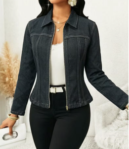 Women's Dark Blue Denim <b>Jacket</b> Long Sleeve Zipper Front Formal Style Distressed Floral Print Rhinestone Decorated Autumn - Product Image 6