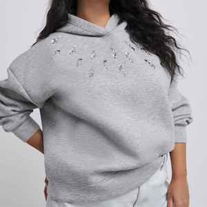 Women's Grey <b>Funky</b> Customized Washed Cotton Blend Hooded Sweatshirt Solid Color Long Sleeve With Pockets Casual Autumn Fit - Product Image 6