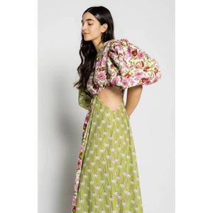 Robe longue bleue à imprimé audacieux avec une belle harmonie de couleurs et une fente latérale au niveau de la taille, pour un style moderne. - Product Image 6