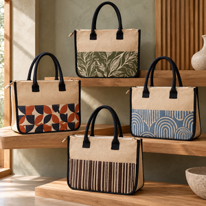 Sac fourre-tout imprimé en toile de jute et coton avec poche zippée et poignée longue |   Sac à main réutilisable de style décontracté pour femmes - Product Image 2