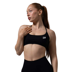 Soutien-gorge de sport noir personnalisé pour femme avec logo, col rond, fines bretelles, sans couture, haut court d'entraînement, ensemble de fitness et de gym, vêtements de sport en gros - Product Image 1
