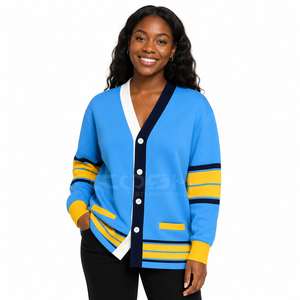 Cardigan en tricot bleu pour femme Cosh International, manches longues, col en V, rayures contrastées, style preppy, pull décontracté, à porter toute l'année - Product Image 1