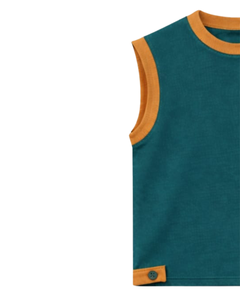 เสื้อกล้ามสีเขียวอมฟ้าสำหรับผู้ชายและกางเกงขาสั้นเข้าชุด ชุดฤดูร้อนผ้าฝ้าย แต่งขอบสีมัสตาร์ด ชุดสองชิ้นพร้อมเชือกผูก - Product Image 3