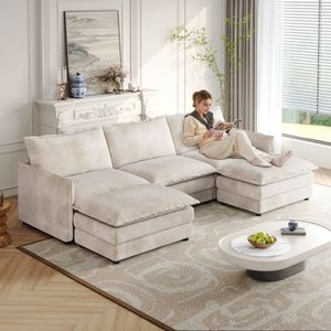 Divano a U in Tessuto Corduroy a 3 Posti, Seduta Profonda Oversize, 2 Poggiapiedi Mobili, Comodo Divano Cloud per Soggiorno - Product Image 1