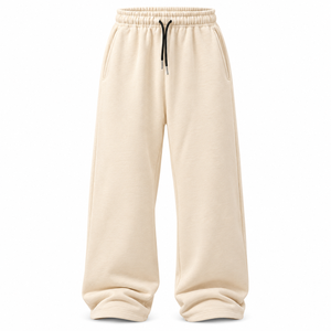 <b>Men's</b> Beige Wide Leg Sweatpants <b>Elastic</b> <b>Waist</b> Drawstring Casual <b>Trousers</b> With Side Pockets - Product Image 1