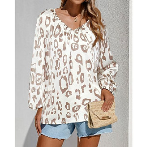 Women Casual Leopard Print <b>Long</b> Sleeve Blouse <b>Top</b> Loose Fit Neck Satin Chiffon Autumn Spring Custom OEM Front Contrast Color - Product Image 4