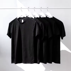 T-shirt en coton à manches courtes pour homme, coupe classique, couleur unie, col rond, tricoté, teint uni, blanc, noir - Product Image 3