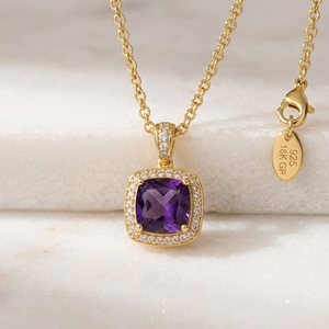 Collar con Colgante para Mujer, Plata de Ley 925, Chapado en Oro de 18K, Amatista Azul Corte Cojín, Circonita Cúbica, 10mm, Regalo para Ella - Product Image 4