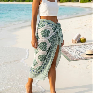 ผ้าซิ่นทำมือ 100% ผ้าฝ้าย พิมพ์ลายดอกไม้ด้วยมือ ทรงเอวธรรมชาติ ใช้คลุมชายหาด สไตล์โบโฮ กระโปรงพัน - Product Image 1