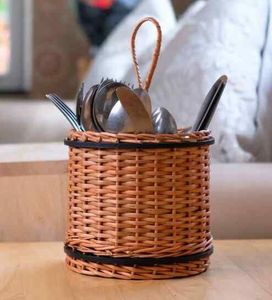 Porta Utensilios de Mimbre Cilíndrico con Borde Negro, Recipiente para Utensilios de Cocina, Cuchara, Tenedor, Tarro de Almacenamiento, Exhibidor de Botellas de Vino - Product Image 2