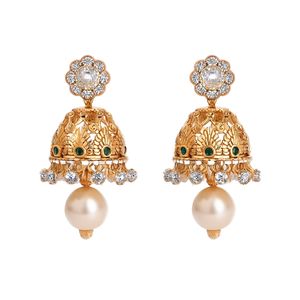 Matte Gold Drop Jhumka Earrings with Pearl and Diamond for Wedding Party Gift - Product Image 2