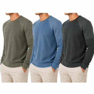 Pull en coton pour homme, col rond, texture tricotée à points mousse, texture horizontale mixte aux épaules, manches longues |   Fabrication OEM ODM - Product Image 6