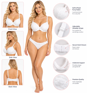White Faux Fur Sexy Solid Knitted Bra and Thong Set Push-Up Underwire Adjustable Strap Cozy <b>Lingerie</b> for Women Winter <b>Sleepwear</b> - Product Image 5