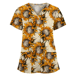 Custom Printed Sunflower Scrub Top - Wholesale Women's V-Neck Medical Uniform - Breathable Short Sleeve <b>Nurse</b> Clinic Wear - Product Image 6