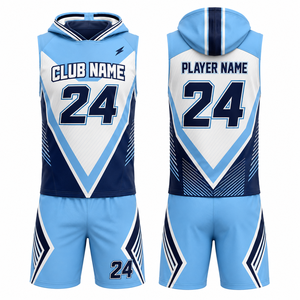Ensemble de maillots de basket-ball personnalisés MEGAMAPLE, sublimation, bleu clair, marine, blanc, 24, respirant, 100% polyester, uniformes unisexes pour adultes - Product Image 1