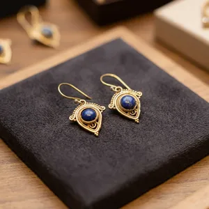 Pendientes de latón con piedra preciosa de lapislázuli azul |   Joyería Boho Hecha a Mano |   Proveedor Mayorista - Product Image 2